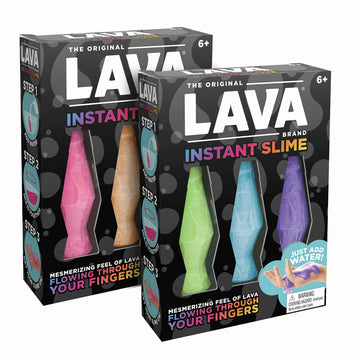 Two boxes titled 'Lava Instant Slime' with three different coloured slime packets inside the boxes shaped like a lava lamp.