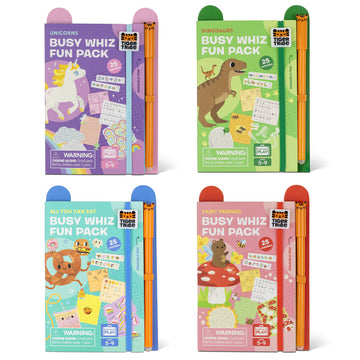 Four Busy Whiz Fun Pack boxes with different animal designs on a white background.