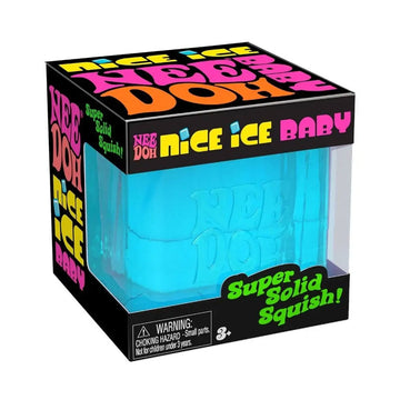 An ice cube shaped stress toy in a box with the text 'Nice Ice Baby' along the top.