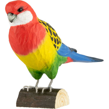 Colorful parrot figurine on a wooden base against a white background.