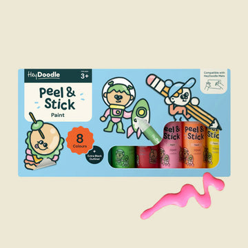 Packaging of Hey Doodle peel and stick paint set with cartoon characters on a beige background.