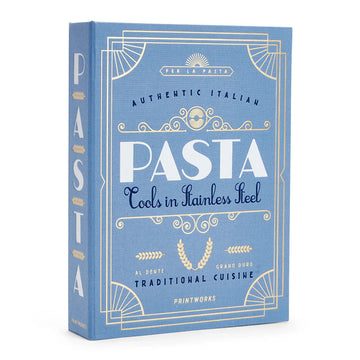 A blue box titled 'Pasta Tools in Stainless Steel' and designed to look like a book.