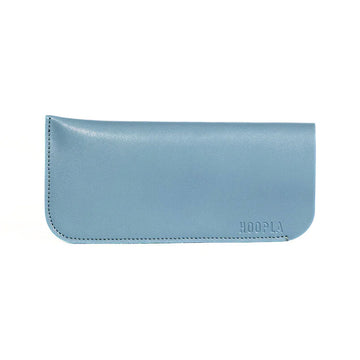 Front view of a sunglasses case in blue grey.