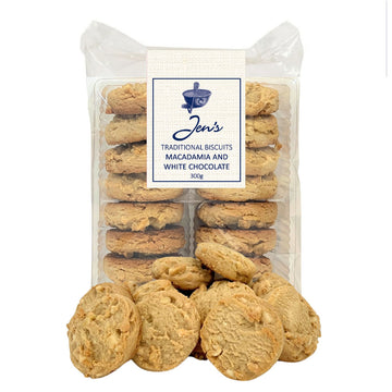 A packet of biscuits standing up in clear packaging with a pile of the biscuits sitting in front.