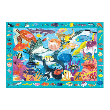 A puzzle box titled 'Search and Find Puzzle' with an illustration of lots of different fish and sea animals in coral.