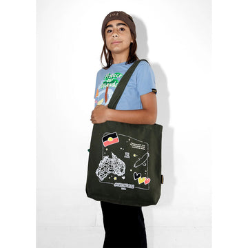 A khaki green tote bag illustrated with a map of Australia, the Aboriginal flag, an eagle and three coloured hearts.