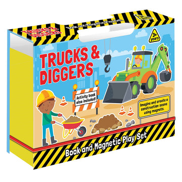 'Trucks and Diggers' box cover featuring an illustration of a construction scene.