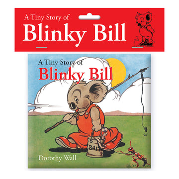 'A Tiny Story of Blinky Bill' book cover featuring an illustration of Blinky Bill holding a fishing rod and bucket while walking. The book is inside a clear packet with a red card label at the top.