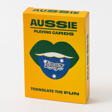 A yellow playing cards box titled 'Aussie Playing Cards' and an illustration of green lips and a blue tongue with the Lingo logo on it.