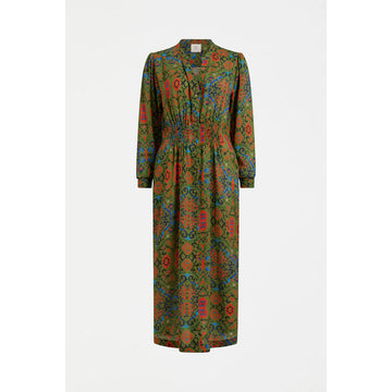 Long-sleeve dress with a green and orange pattern on a white background.