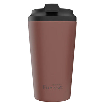 A tall reusable travel mug in a brown tuscan colour with a black lid.
