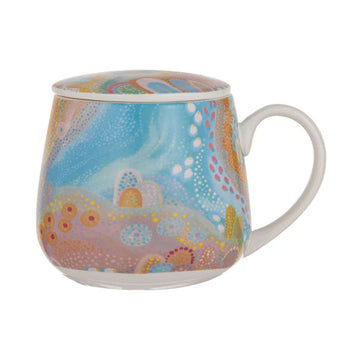 A tea infuser mug with a lid and printed with Indigenous artwork in blue, yellow, pink and orange.