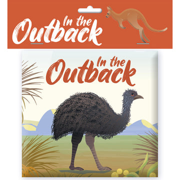 'In the Outback' book cover featuring an illustration of an emu. The book is inside clear packaging with an orange card along the top.