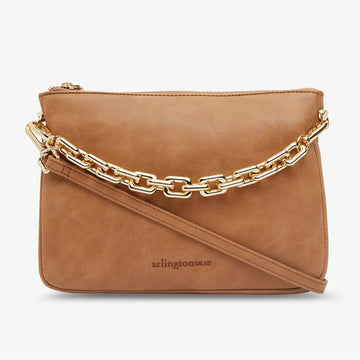 Front view of a tan coloured cross body bag with a chunky gold chain and matching tan strap.