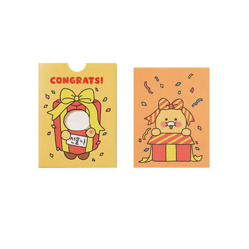 Yellow card with cartoon character and 'Congrats!' text on a white background.