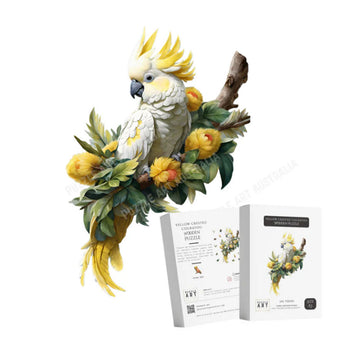 A picture of a sulphur cockatoo with yellow flowers and leaves next to it's packaging boxes.