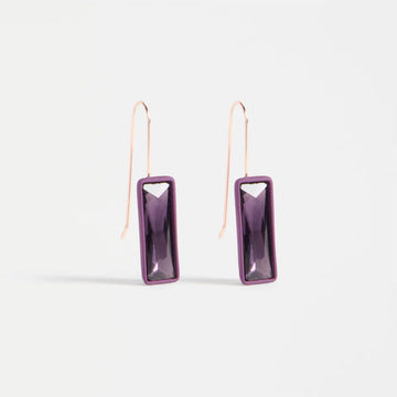 Purple rectangular jewel hook earrings on a white background.