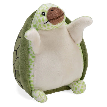 Plush turtle toy with green shell and white body on a white background.