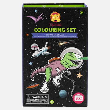 A box titled 'Colouring Set Dinos in Space' with an illustration of a dinosaur floating in space wearing space gear with stars and spaceships in the background.