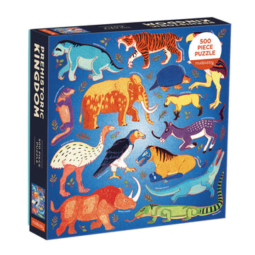 A puzzle box with illustrations of prehistoric animals on a blue background.