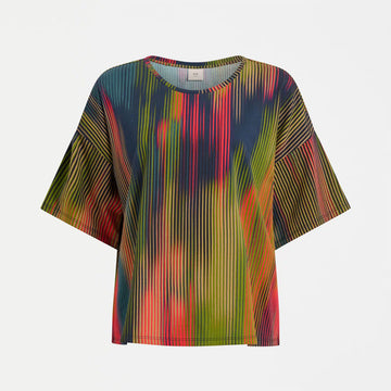 Colorful striped t-shirt on a white background.