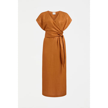 Bronze coloured wrap dress on a white background.