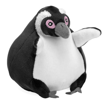 Plush penguin toy with black, white, and gray colors on a white background.