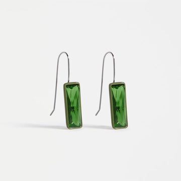 Green rectangular jewel hook earrings on a white background.