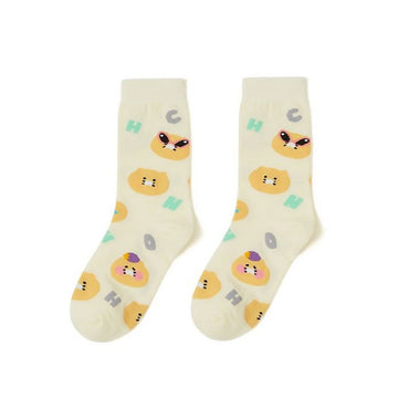 Pair of socks with cartoon character design on a white background.