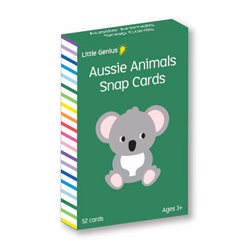 'Aussie Animals Snap Cards' box cover featuring an illustration of a koala on a green background.