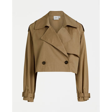 A cropped trench jacket in a sandstone colour.
