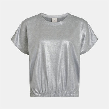 Silver metallic t-shirt on a light gray background