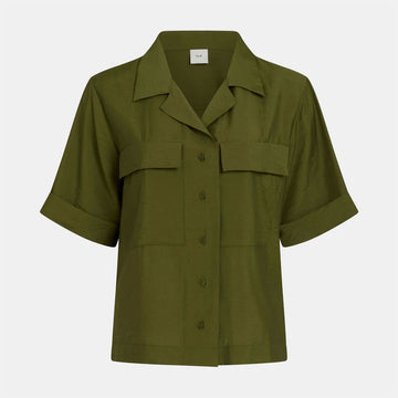 Green shirt with short sleeves on a white background.