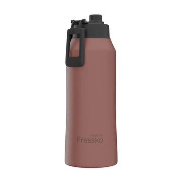 A stainless steel flask in a brown tuscan colour with a black lid.