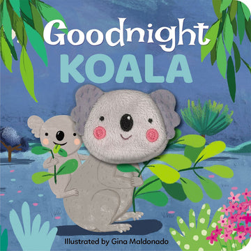 'Goodnight Koala' book cover featuring an illustration of a koala with a baby koala on its back. There is a finger puppet of the koala's head on top of the book.