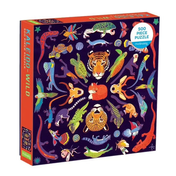 A puzzle box illustrated with wild animals including a tiger, deer, leopard and lizards on a purple background.
