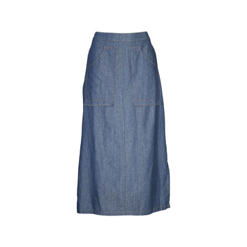 A denim skirt in an A line shape.