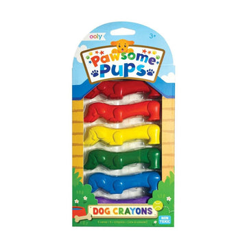 Six dog shaped crayons in different colours inside packaging with the heading 'Pawsome Pups Dog Crayons'.