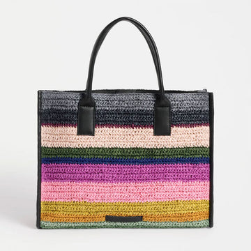 Colorful striped handbag with black handles on a white background.