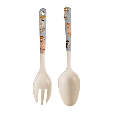 A pair of salad servers made from bamboo with illustrations of Australian birds on the handles.