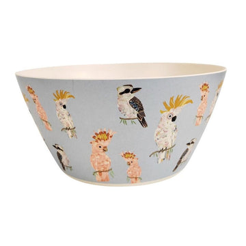 A bamboo bowl in light blue illustrated with Australian birds around the sides.