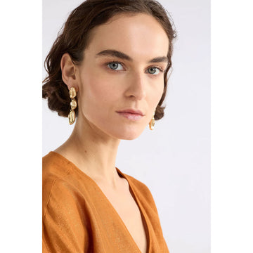 A pair of silver drop earrings with three round pieces linked together.