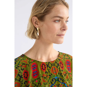 Pair of gold drop earrings made up of three slightly overlapping shapes on a white background.