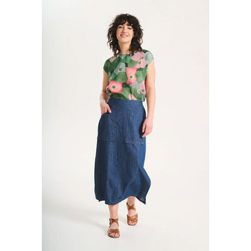 A denim skirt in an A line shape.