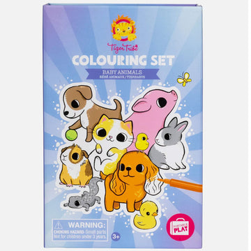 A box titled 'Colouring Set Baby Animals' with an illustration of lots of different animals including a kitten, puppy, rabbit, duck and pig.
