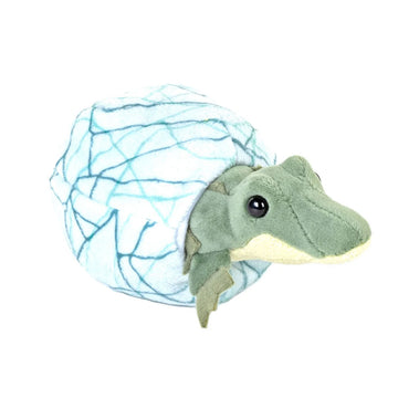 Plush toy crocodile in an egg on a white background.