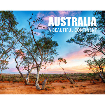 'Australia A Beautiful Continent' book cover featuring a photo of trees in the desert with the sunset in the background.