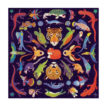 A puzzle box illustrated with wild animals including a tiger, deer, leopard and lizards on a purple background.