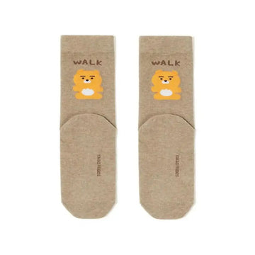 Pair of beige socks with cartoon character and 'WALK' text on a white background.