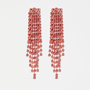 Pair of long, pink, beaded earrings on a light gray background.